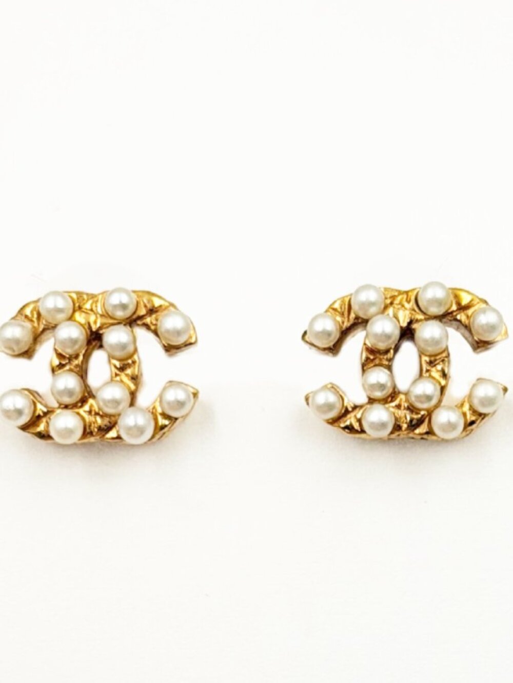Chanel Vintage Gold Plated CC Plaid Bubble Pearl Piercing Earrings